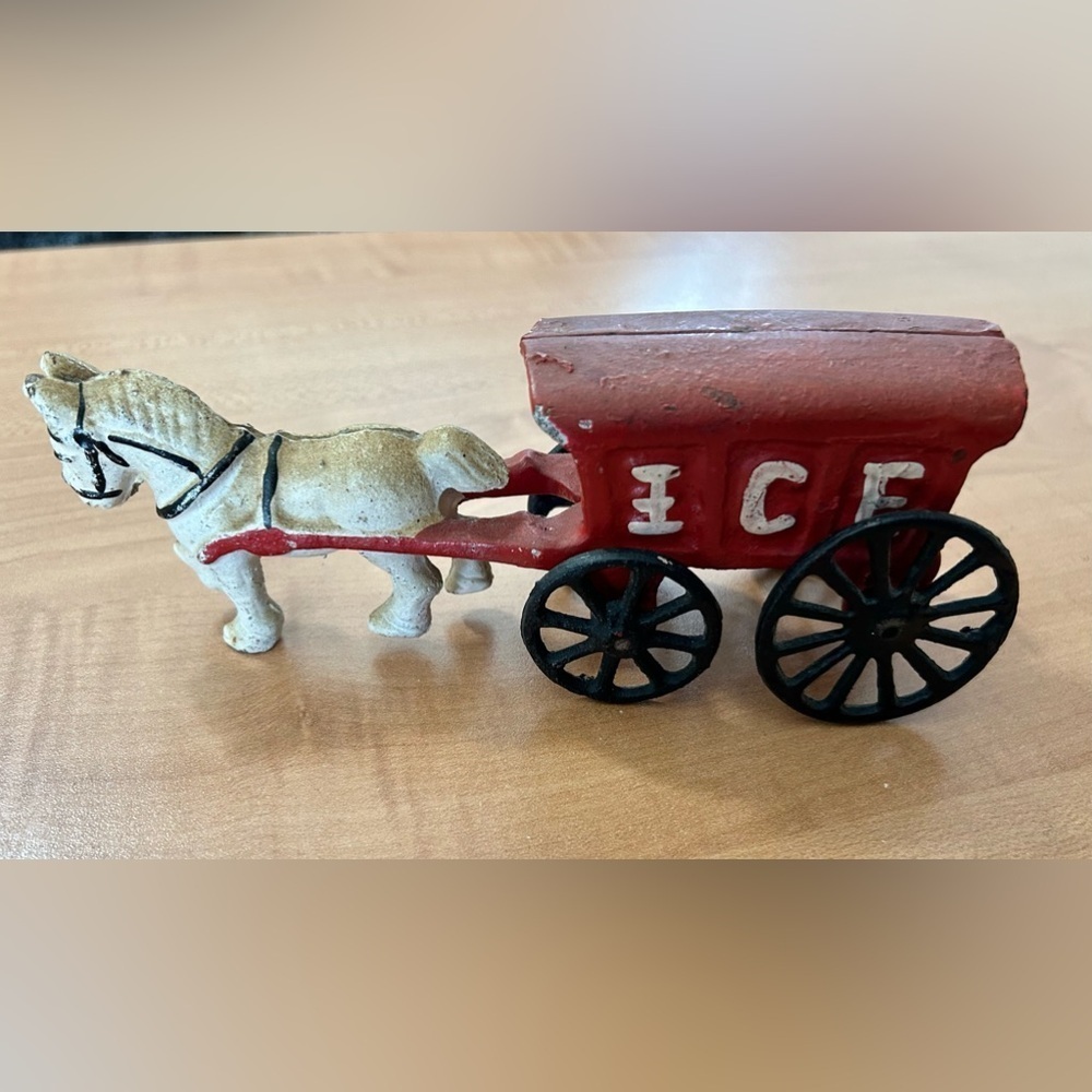 Vintage Cast Iron Toy white Horse with red Ice Wagon Cart - Picture 2 of 8